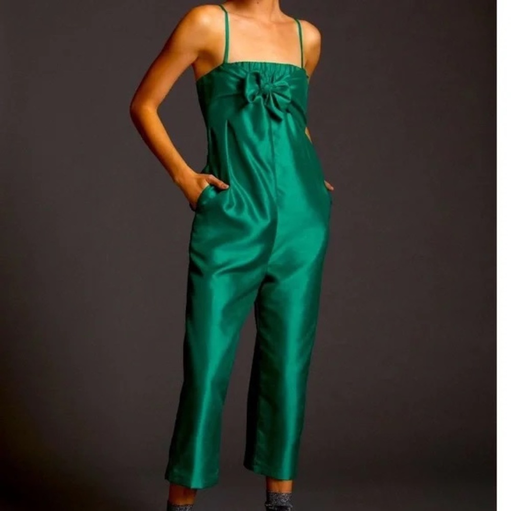 ANTHROPOLOGIE green satin bow tie jumpsuit